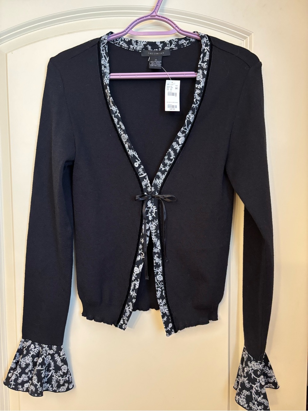 The Limited Black Cardigan with White Floral-Trim and Tie Front